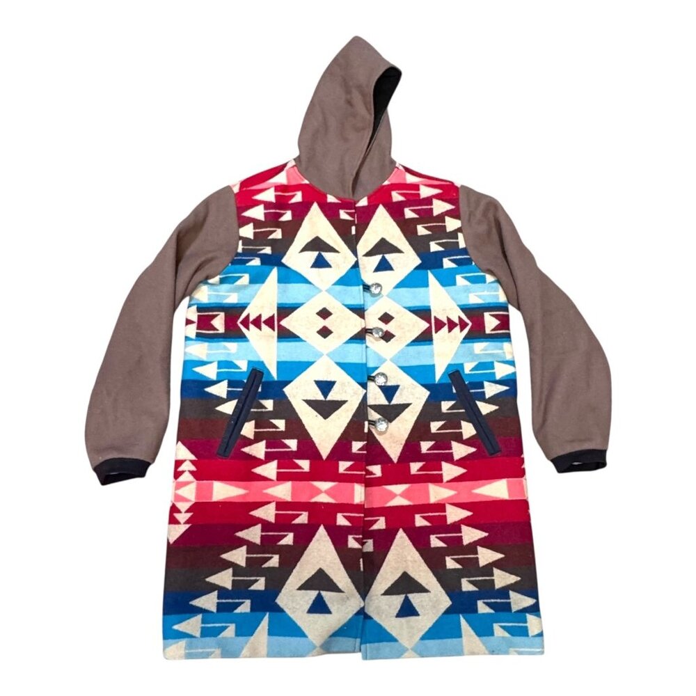Vintage Hooded Wool Blend Southwest Geometric Aztec Jacket Button Unisex XL READ
